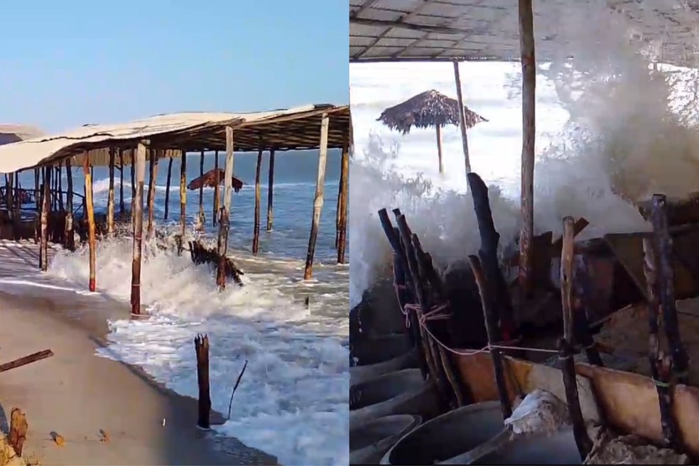Ressaca faz maré avançar e destruir barracas nas praias de Maramar e Macapá, no Piauí — Foto: Reprodução