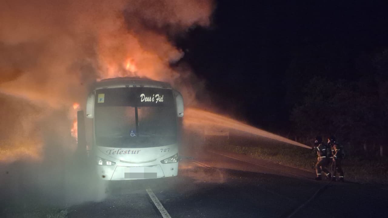 Vídeo: Ônibus de turismo pega fogo na BR-343, no Sul do Piauí