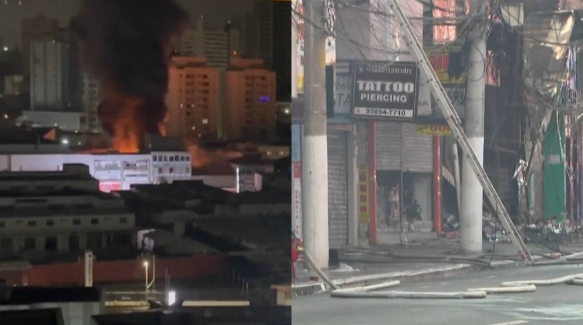 Incêndio destrói três imóveis na principal rua comercial de São Bernardo, na Grande SP