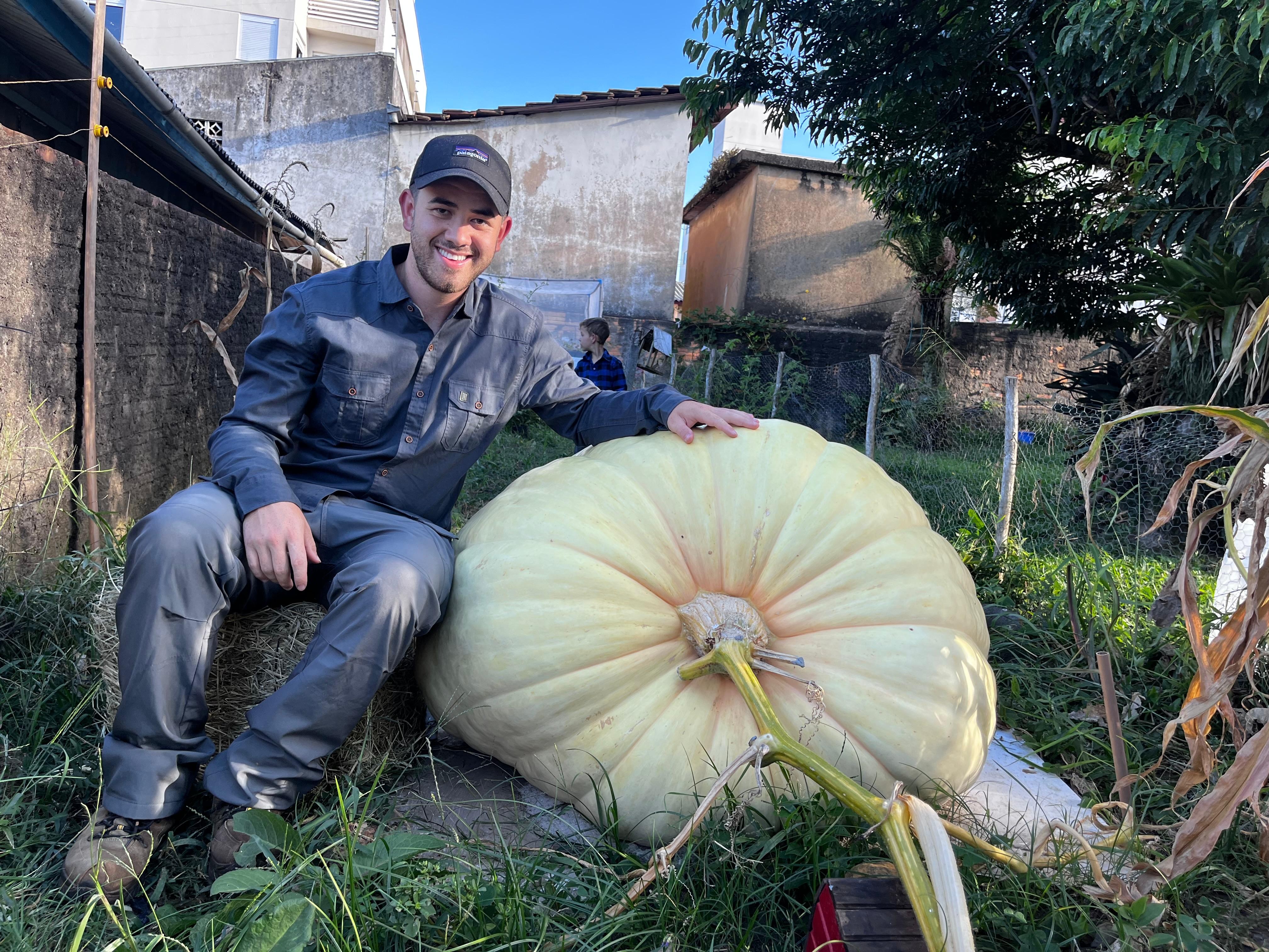 Abóbora gigante de cerca de 300 kg é cultivada no quintal de casa em SC; VÍDEO