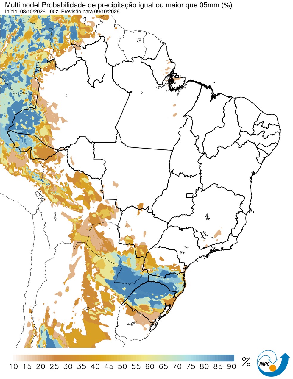 Mapa mostra previsão de chuva para esta quinta (09/10) em todo o Brasil. — Foto: CPTEC/Inpe