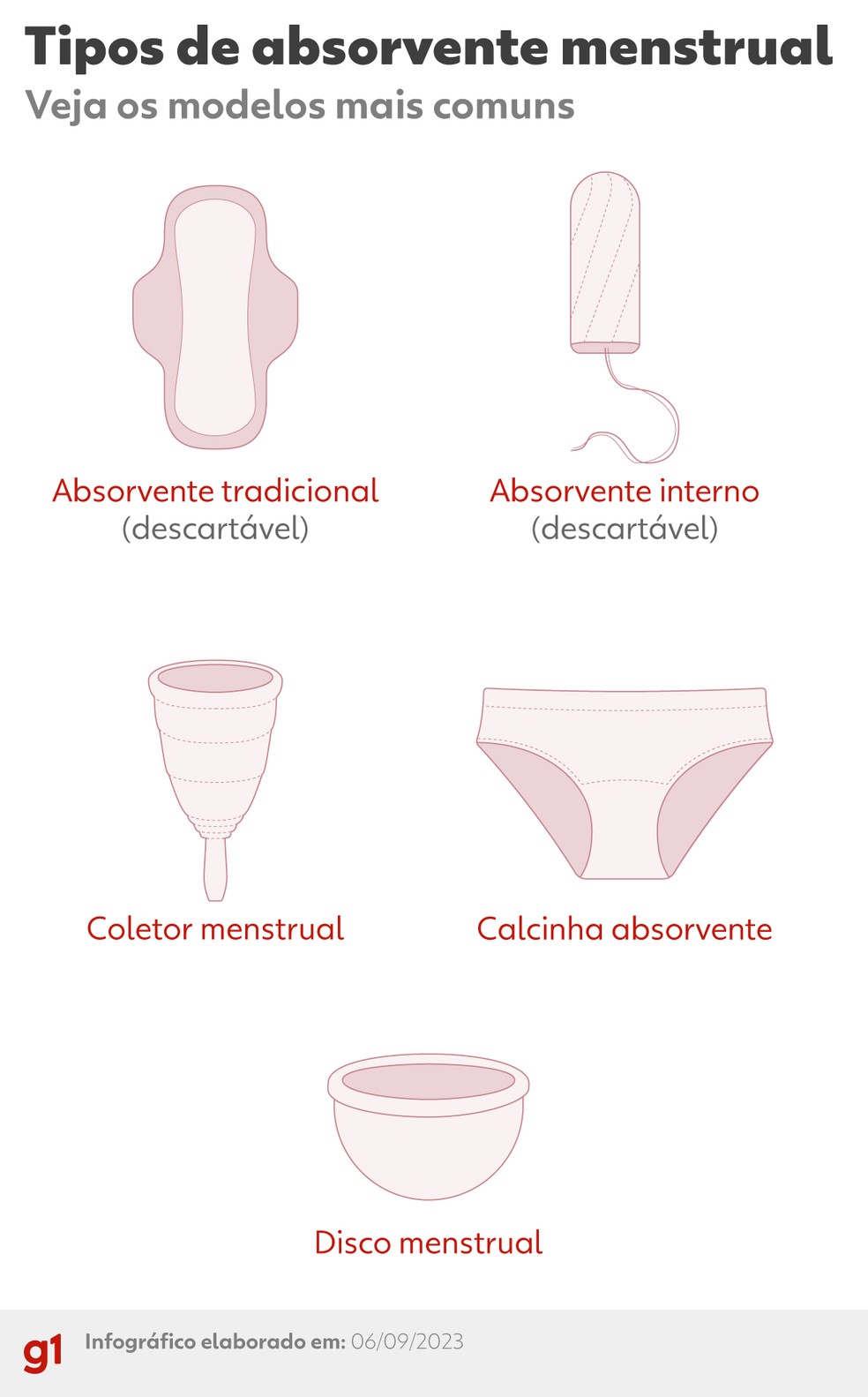 Tipos de absorvente menstrual — Foto: Arte/g1