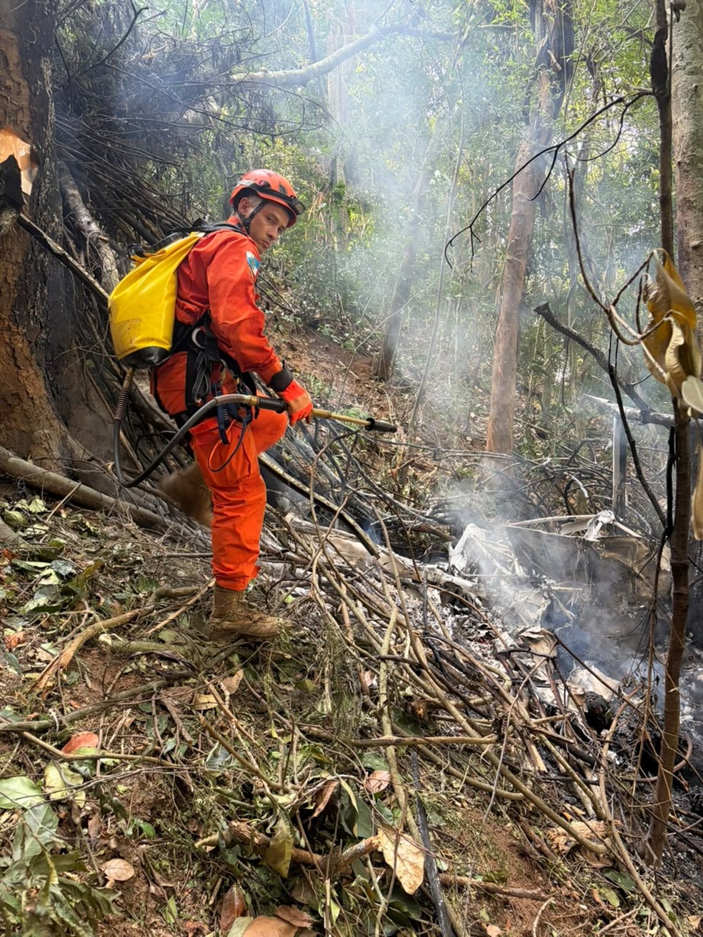 Bombeiros chegam na área onde helicóptero caiu na mata perto da Vista Chinesa, na Zona Sul do Rio — Foto: Divulgação