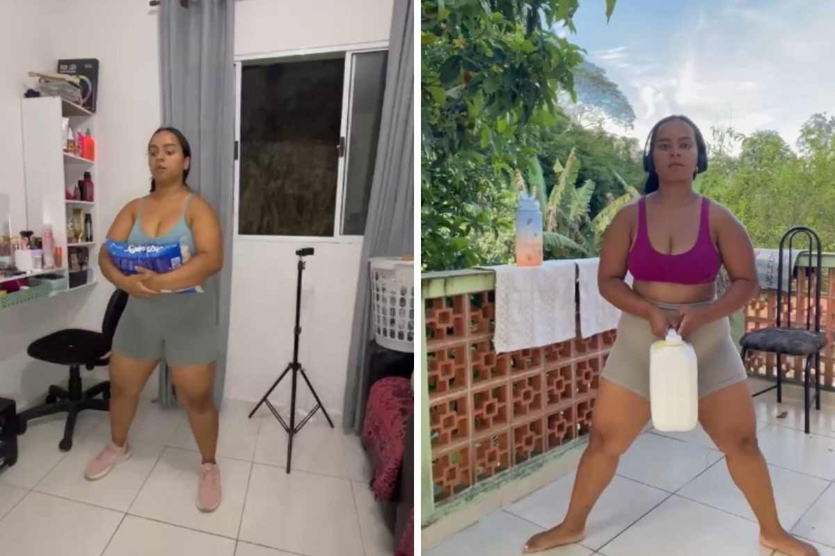 Mãe improvisa treinos com saco de arroz e galão de limpeza e faz sucesso na internet: 'Adaptei à minha realidade'