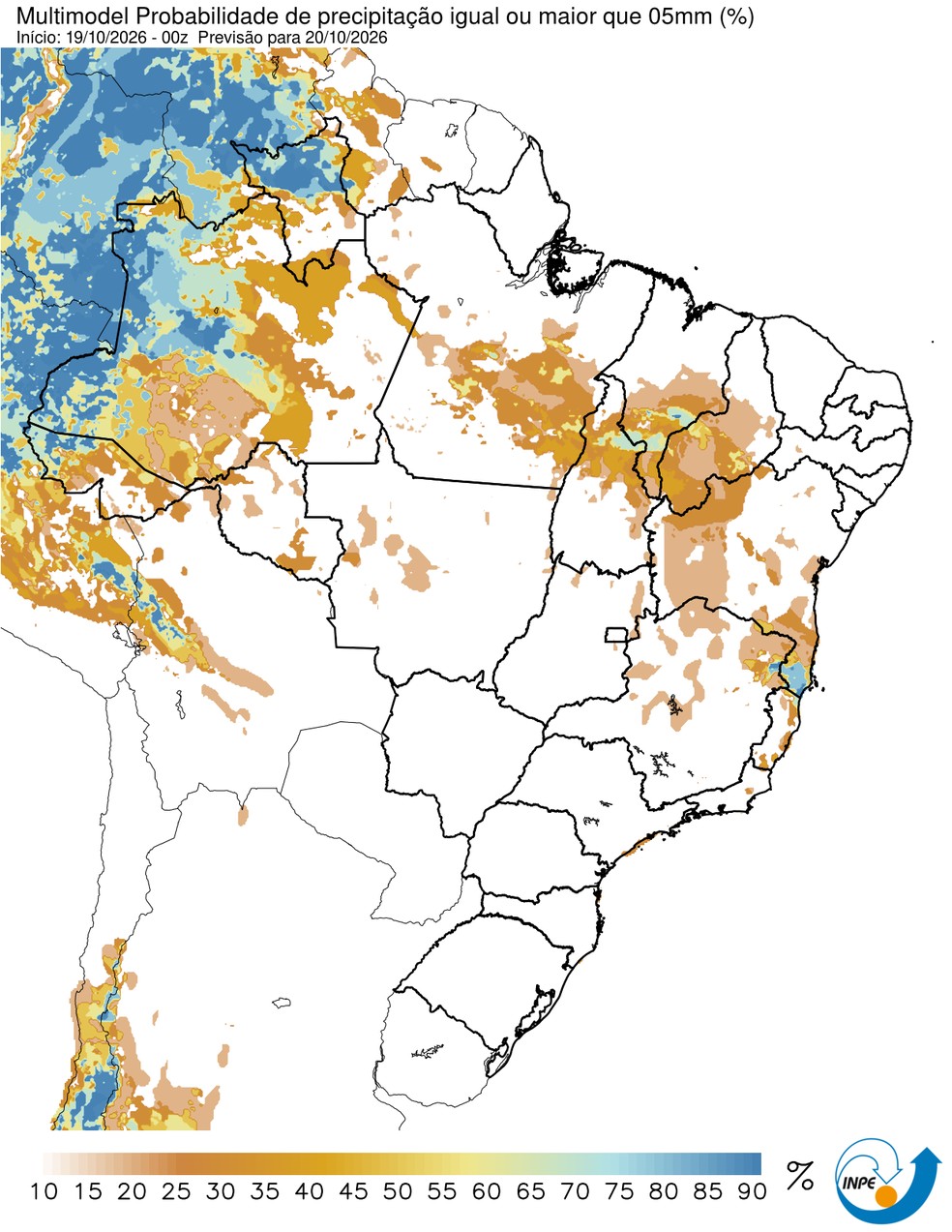Mapa mostra previsão de chuva para esta segunda (19/10) em todo o Brasil. — Foto: CPTEC/Reprodução
