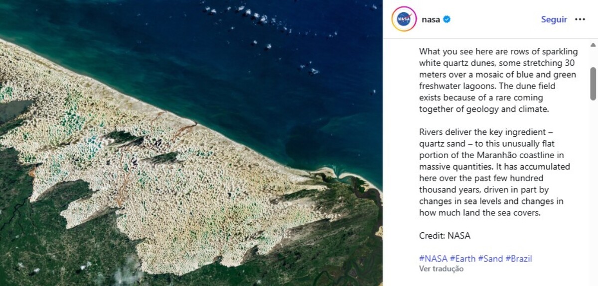 'Deserto feito de água': Nasa publica imagem dos Lençóis Maranhenses vista do espaço