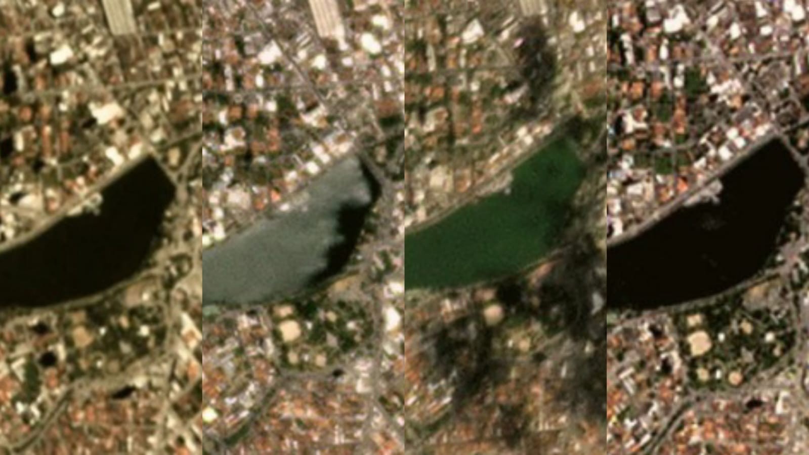 Imagens de satélite mostram Açude Velho, em Campina Grande, mudando de cor antes de toneladas de peixes mortos