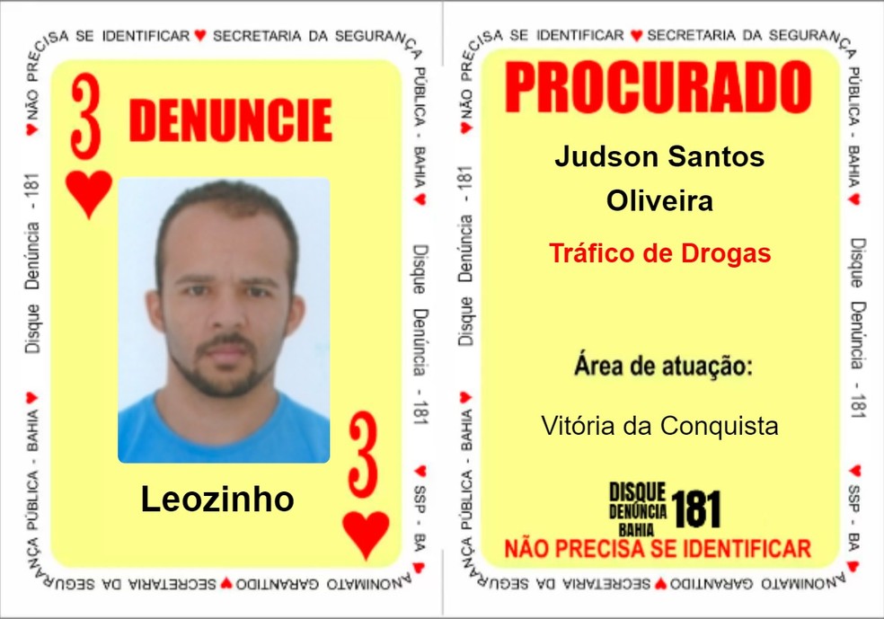 De Vitória da Conquista, no sudoeste da Bahia, Judson Santos de Oliveira, o “Leozinho”, tem mandado de prisão por tráfico de drogas e passa a ilustrar a carta "Três de Copas". — Foto: Divulgação/SSP-BA