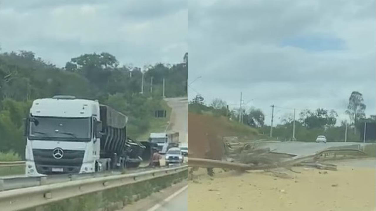 Acidente com caminhão carregado de areia interdita a Rodovia Raposo Tavares em Itapetininga; vídeo 