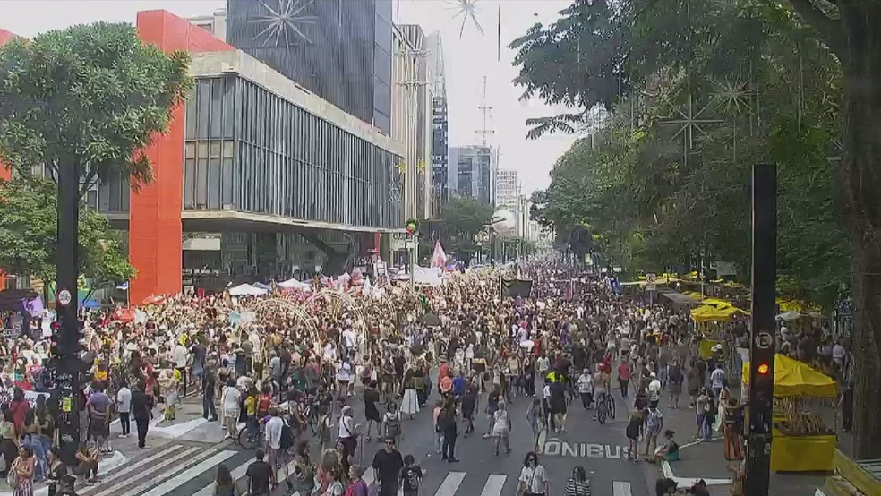 Protesto contra violência às mulheres reúne manifestantes na Avenida Paulista — Foto: TV Globo