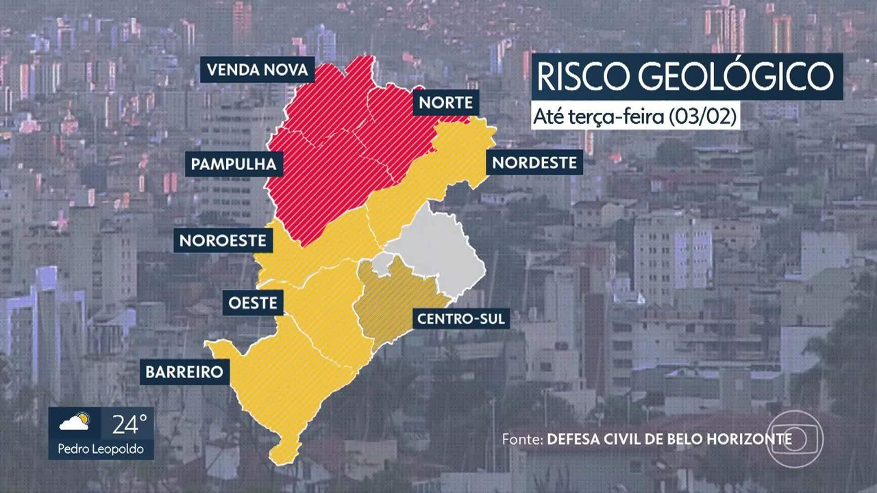 Chuva em BH deixa 8 das 10 regionais da cidade sob alerta de risco geológico