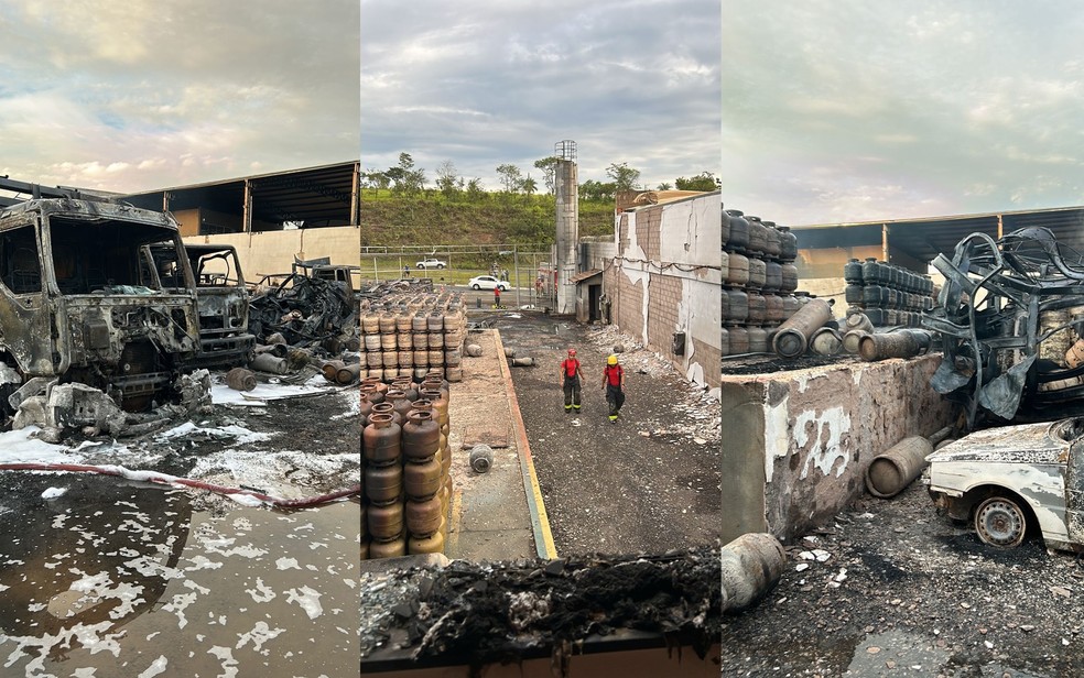 Depósito com cerca de 3 mil botijões de gás pega fogo em Passos; suspeita é de incêndio criminoso — Foto: Corpo de Bombeiros