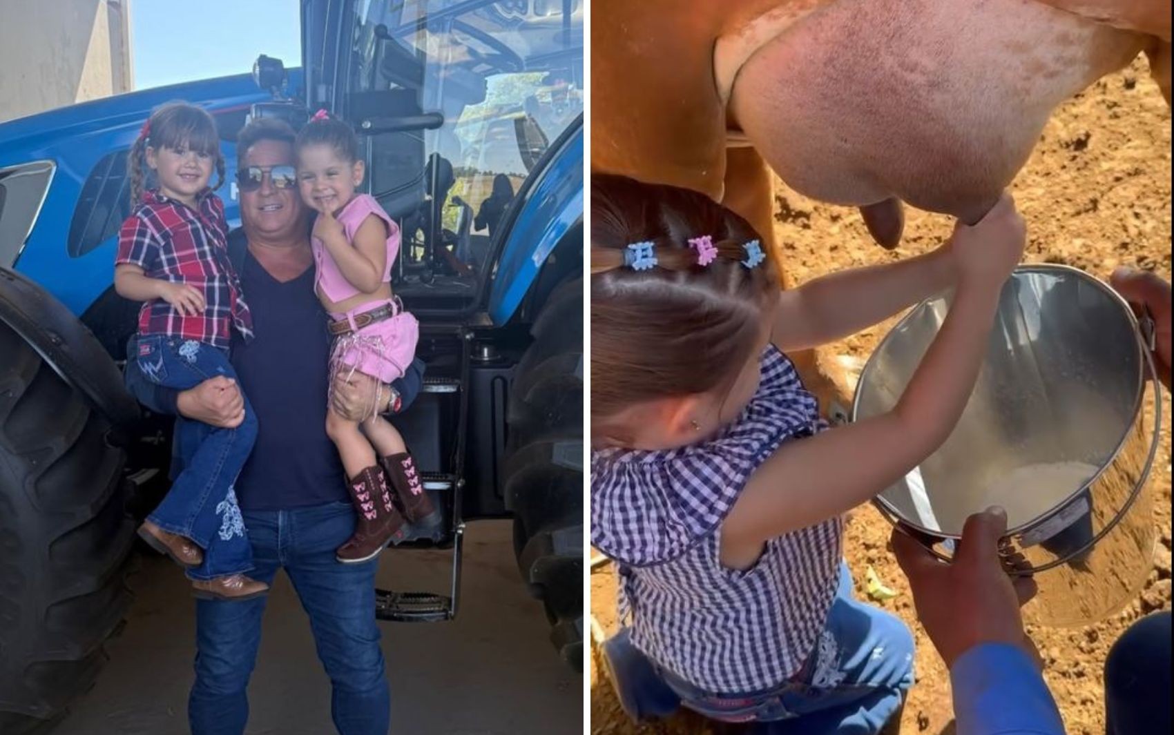 Filha de Virginia e Zé Felipe tira leite de vaca e encanta com look 'boiadeira' em fazenda de Leonardo