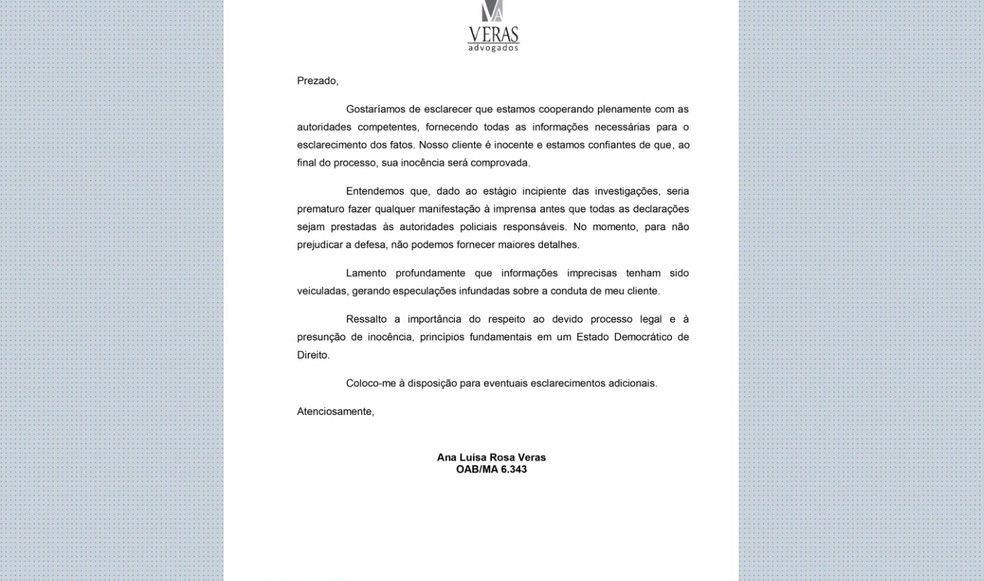 Nota da defesa de médico acusado de importunação sexual no Maranhão. — Foto: Reprodução/TV Mirante