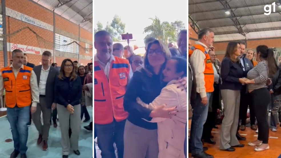 Visita de Paulo Pimenta e Janja às famílias que estão em abrigo de Estrela — Foto: Reprodução/Twitter