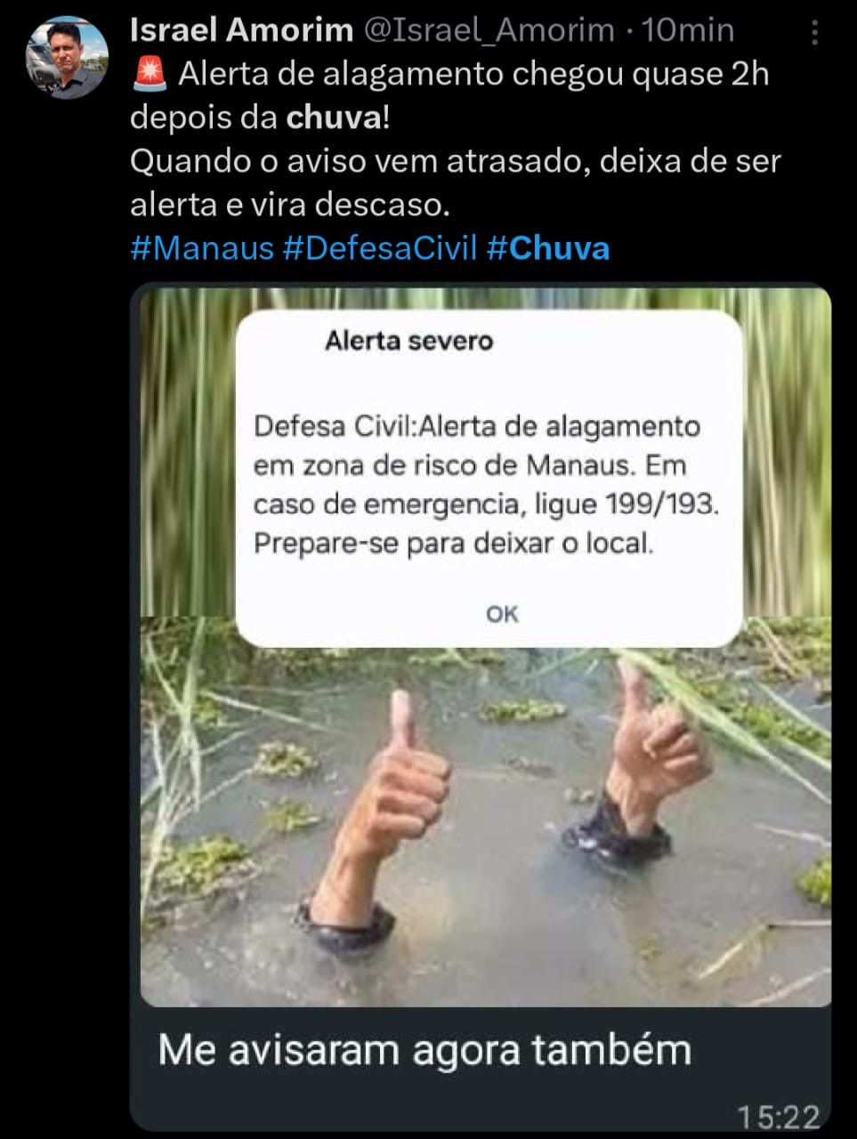 Alerta sonoro da Defesa Civil gera memes durante chuva em Manaus nesta terça; 'Quase duas horas depois'