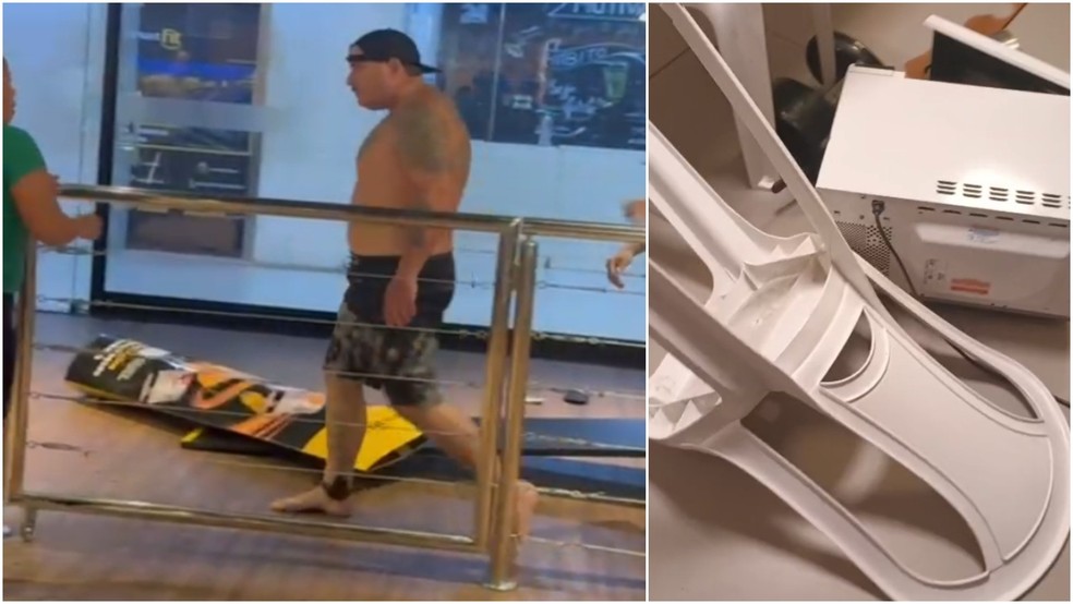 Homem invade academia, vandaliza equipamentos e é contido por funcionários no Bairro Messejana, em Fortaleza. — Foto: Reprodução