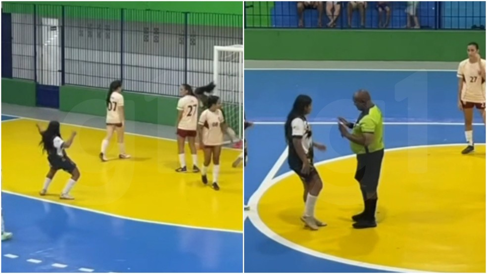 Comemoração de gol (esquerda) foi interpretada como provocação por jogadora que agrediu atleta durante jogo de futsal no Ceará; árbitro alertou jogadora para não repetir (direita) — Foto: TV Verdes Mares/Reprodução