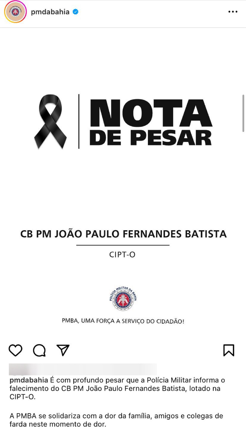 Polícia Militar emite nota de pesar sobre morte de PM assassinado no oeste da Bahia — Foto: Reprodução/Redes Sociais