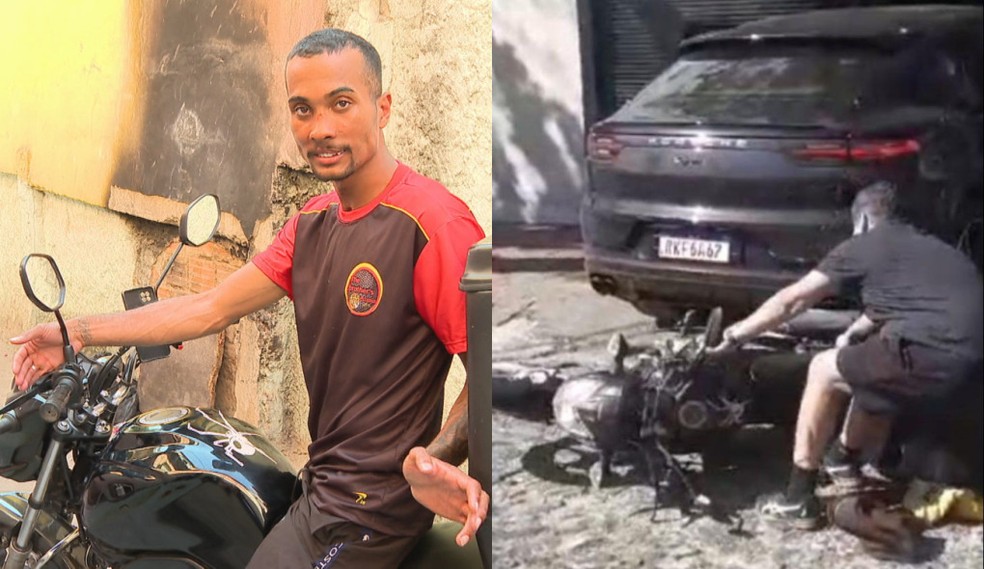 Entregador Jocimar Lucas Santana Martins, de 24 anos, relata que se sentiu humilhado ao ter a prpria moto derrubada no cho e ser agredido pelo motorista de uma Porsche — Foto: Reproduo/TV Globo