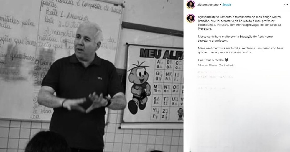 Secretário de Estado, Alysson Bestene, também lamentou a morte de Marco Brandão — Foto: Reprodução/Instagram