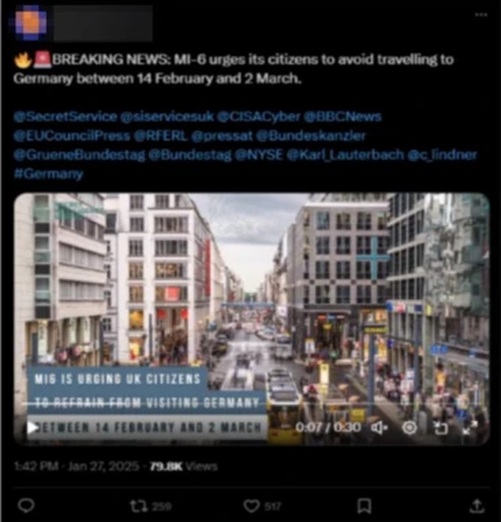 Vídeo manipulado alegava falsamente que o MI6, a agência de inteligência britânica, havia alertado contra viagens à Alemanha durante o período eleitoral — Foto: Reprodução/X/FIMI-ISAC/BBC