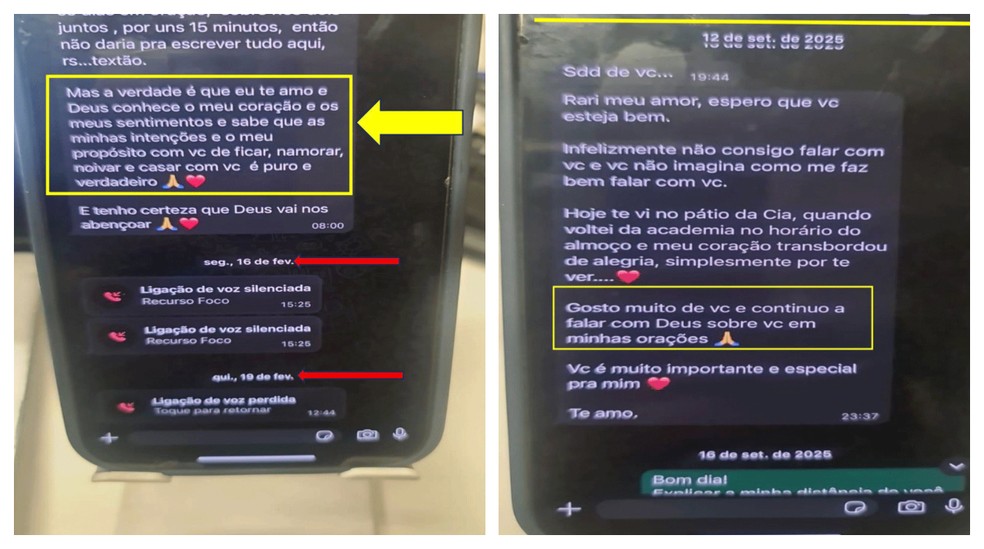 Geraldo Neto mandava mensagens e tentava ligar constantemente para Rariane Generoso. Oficial citava sempre que rezava para ela e que queria namor&aacute;-la. &mdash; Foto: Reprodu&ccedil;&atilde;o