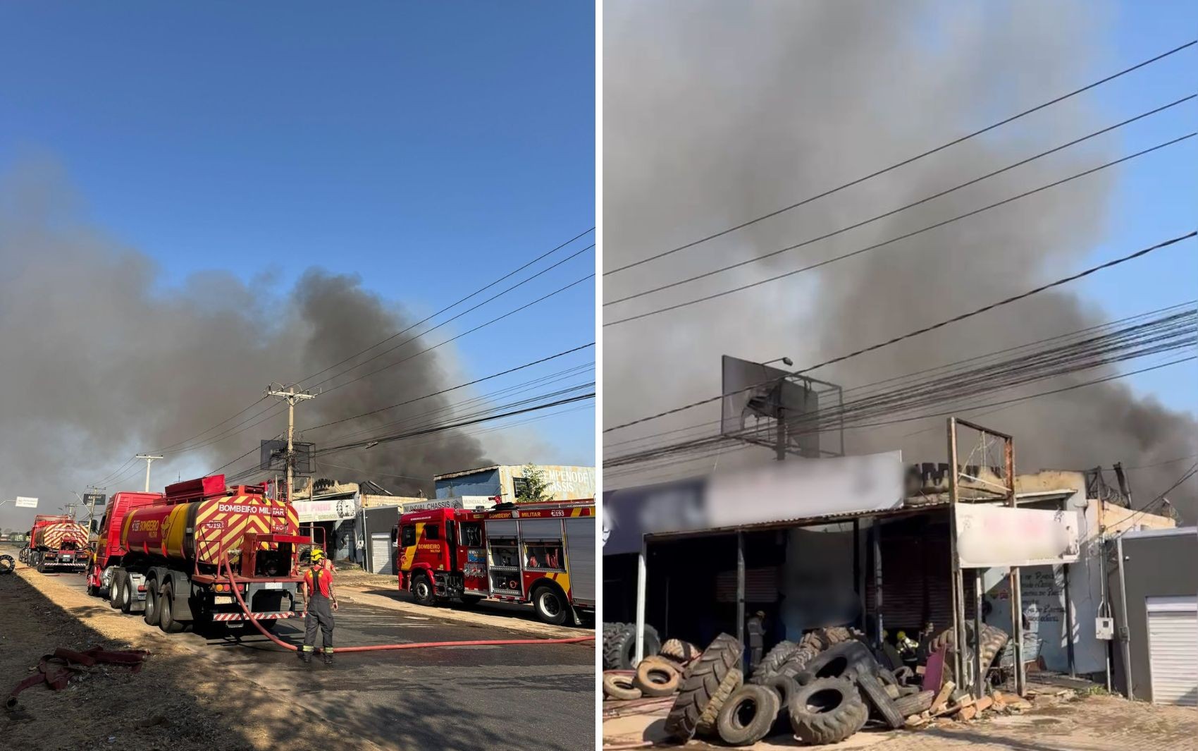 Incêndio destrói depósito de pneus e interdita comércios vizinhos em Goiânia