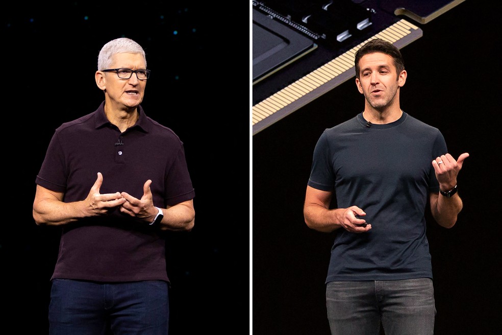 Tim Cook e John Ternus — Foto: AFP/Brittany Hosea-Small