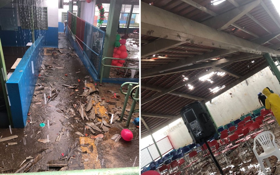 Chuva forte arranca telhado da Escola Municipal Irmã Verenanda, em Goiânia — Foto: Arquivo pessoal/Danielly Ramos de Freitas