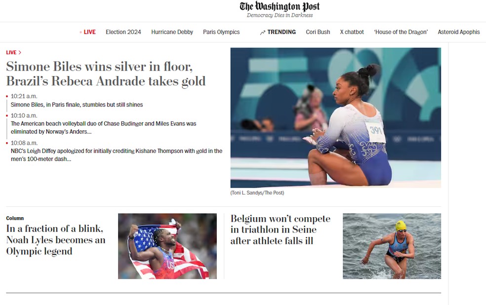 Washington Post destaca vitória de Rebeca Andrade, em 5 de agosto de 2024. — Foto: Reprodução