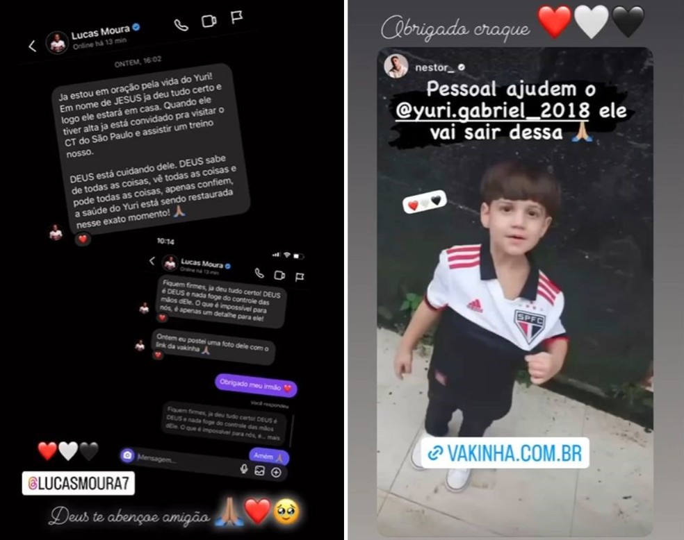 Lucas Moura e Rodrigo Nestor, jogadores do São Paulo Futebol Clube, manifestaram apoio a Yuri — Foto: Reprodução/Instagram @yuri.gabriel_2018