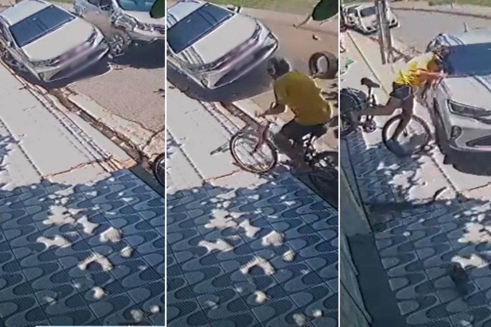 Ciclista fica ferido ao ser 'atingido' por carro estacionado durante colisão, no bairro Campo Grande, em Santos (SP) — Foto: Reprodução