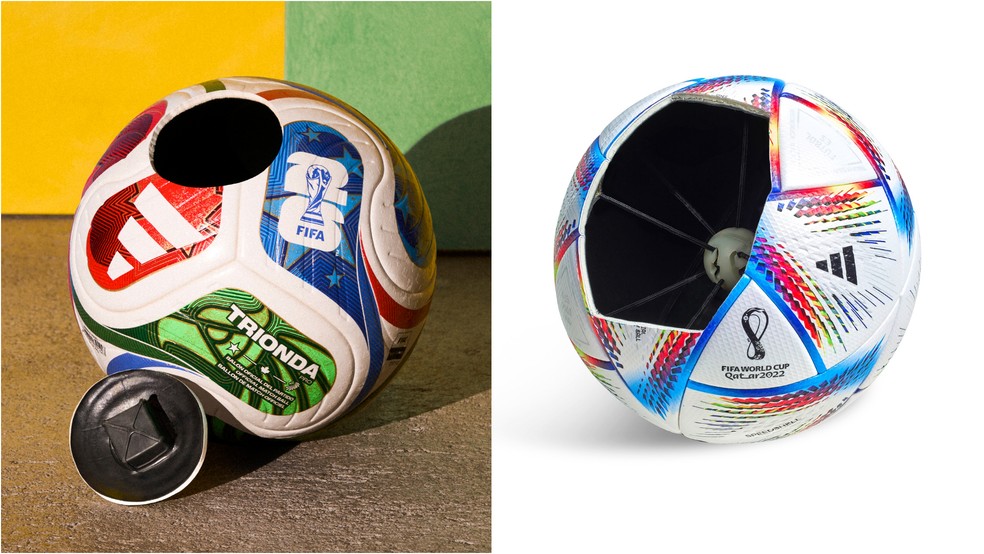 Sensores presentes nas bolas da Copa de 2026 (esquerda) e de 2022 (direita) — Foto: Divulgação/Adidas