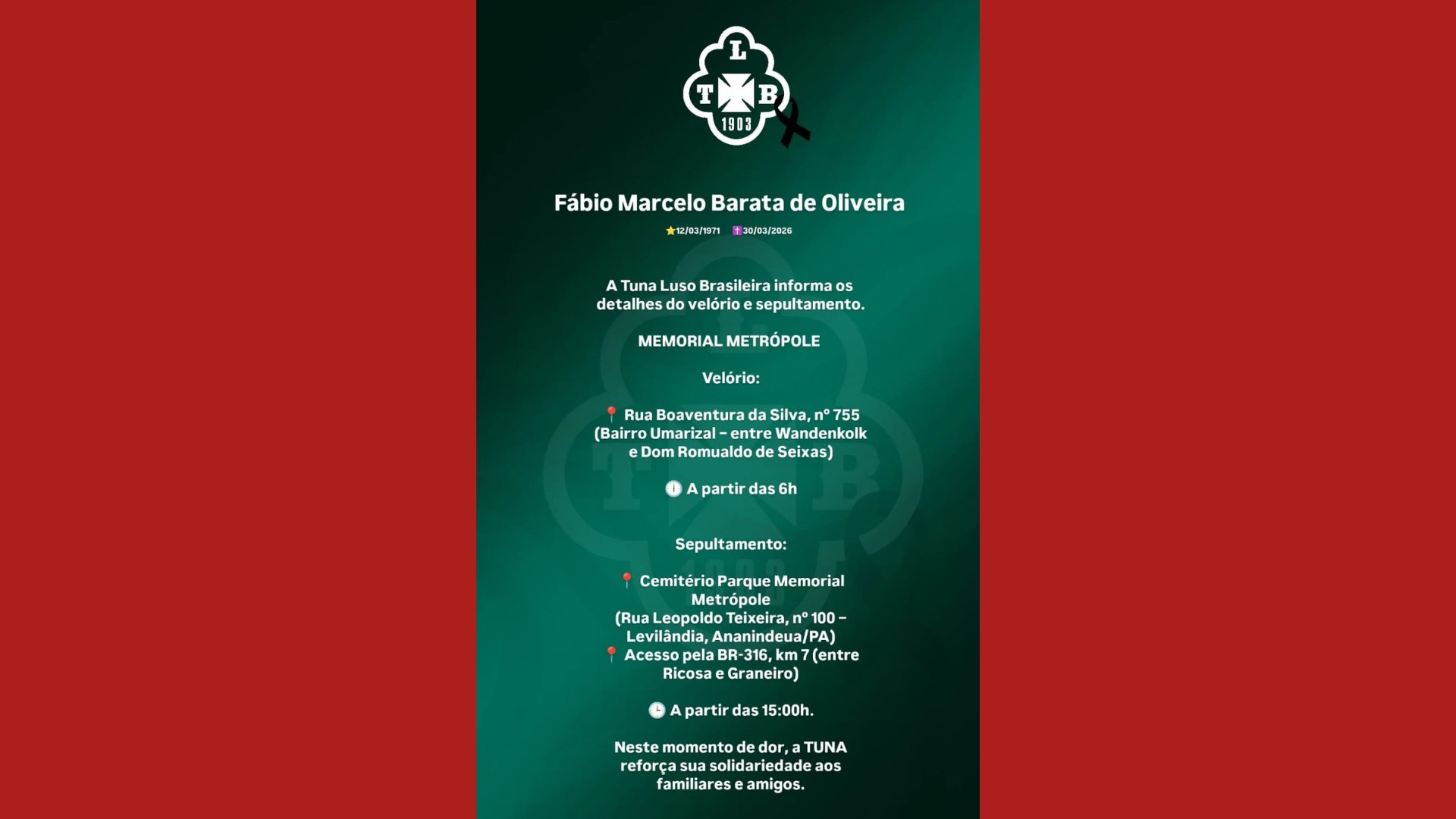Corpo de Fábio Barata, da Tuna Luso, é velado em Belém e será sepultado em Ananindeua