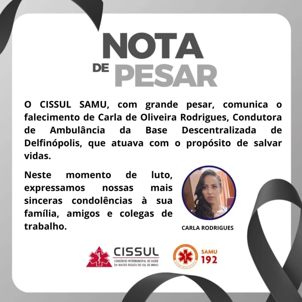 Condutora de ambulância do Samu morre após acidente com motorista embriagado em Delfinópolis — Foto: Reprodução / Redes Sociais