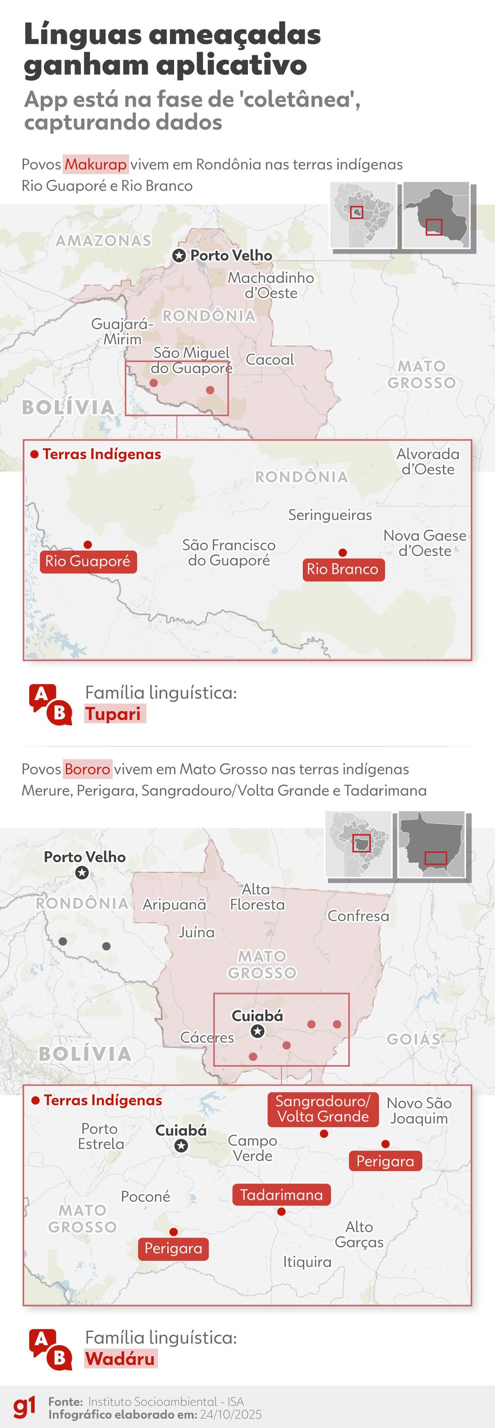 Infográfico mostra onde vivem os povos indígenas Bororo e Makurap — Foto: Arte/g1