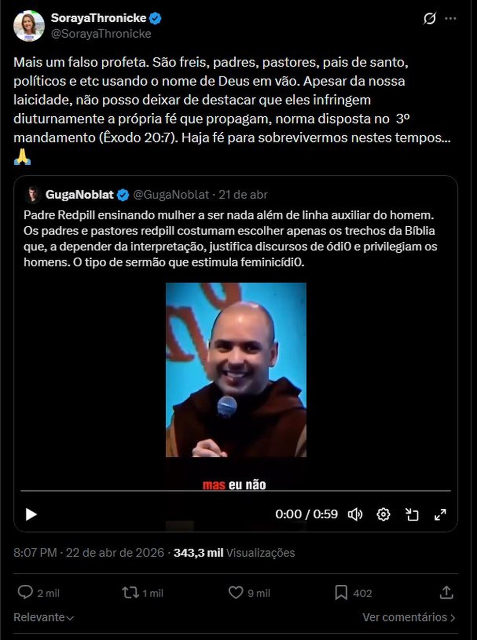 Senadora Soraya Thronicke chama frei Gilson de 'falso profeta' — Foto: Reprodução/rede social