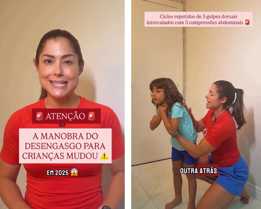 Manobra de desengasgo: bombeira viraliza com vídeo ao lado da filha ensinando nova forma de salvar vidas