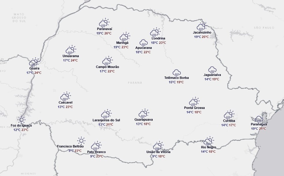 Previs&atilde;o para ter&ccedil;a-feira, 28 de abril &mdash; Foto: Reprodu&ccedil;&atilde;o/Simepar