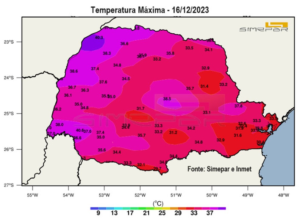 Temperaturas máximas do sábado (16) no Paraná — Foto: Reprodução/Simepar