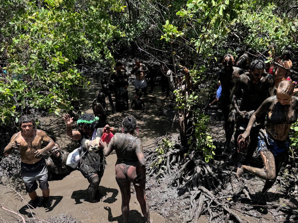 Foliões invadem mangue para se 'fantasiar' — Foto: Vinicius Marinho/Inter TV Cabugi