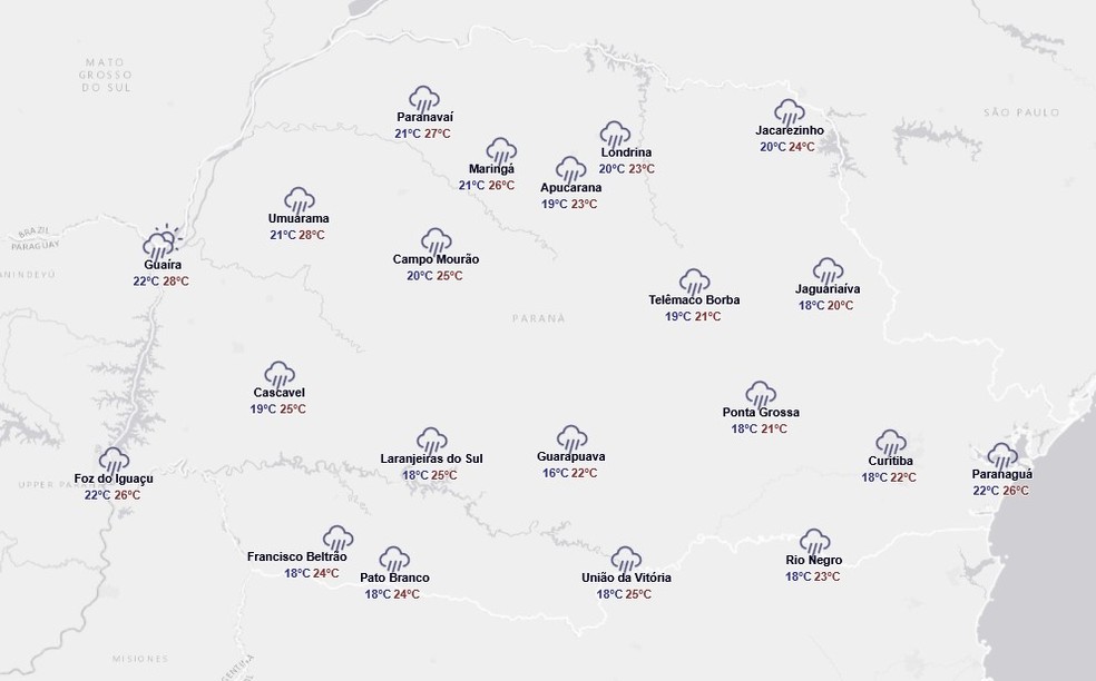 Previsão do tempo do Simepar para terça-feira (9) — Foto: Reprodução/Simepar