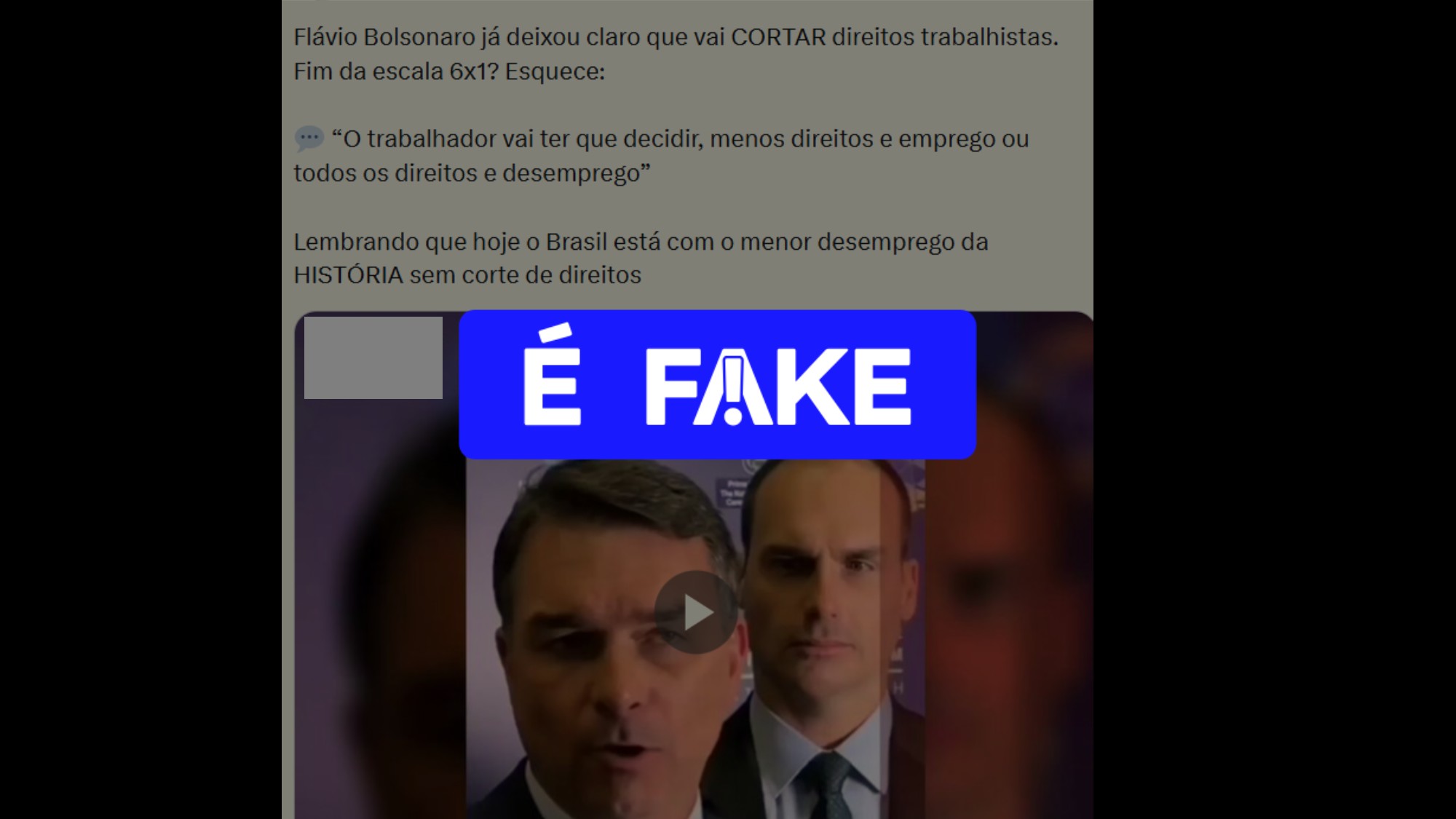 É #FAKE vídeo de Flávio Bolsonaro dizendo que trabalhador precisa escolher ou direitos ou emprego; conteúdo foi manipulado por IA 