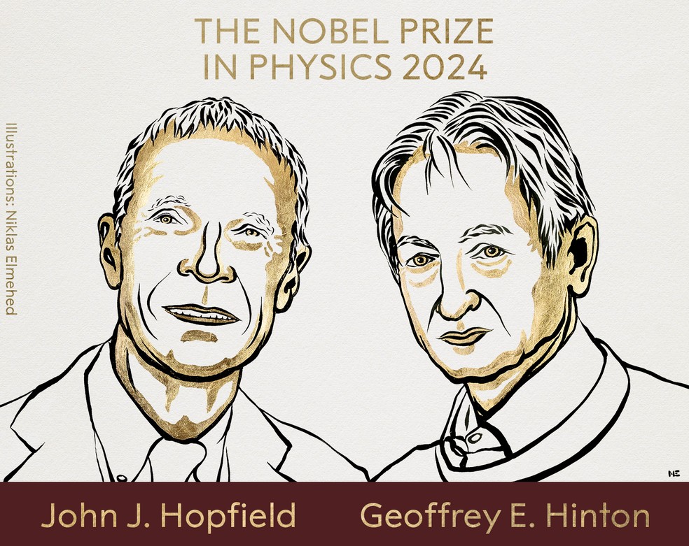 Os cientistas John Hopfield e Geoffrey Hinton, ganhadores do Prêmio Nobel 2024 em Física. — Foto: The Nobel Prize