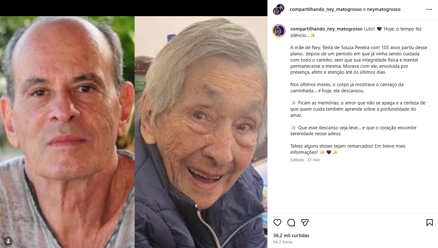 Beita Pereira, mãe de Ney Matogrosso, morre aos 103 anos, e artista presta homenagem