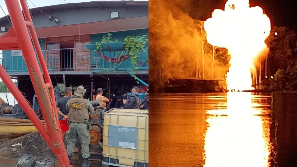 Draga do garimpo ilegal antes e durante a destruição, no Amazonas  — Foto: Divulgação