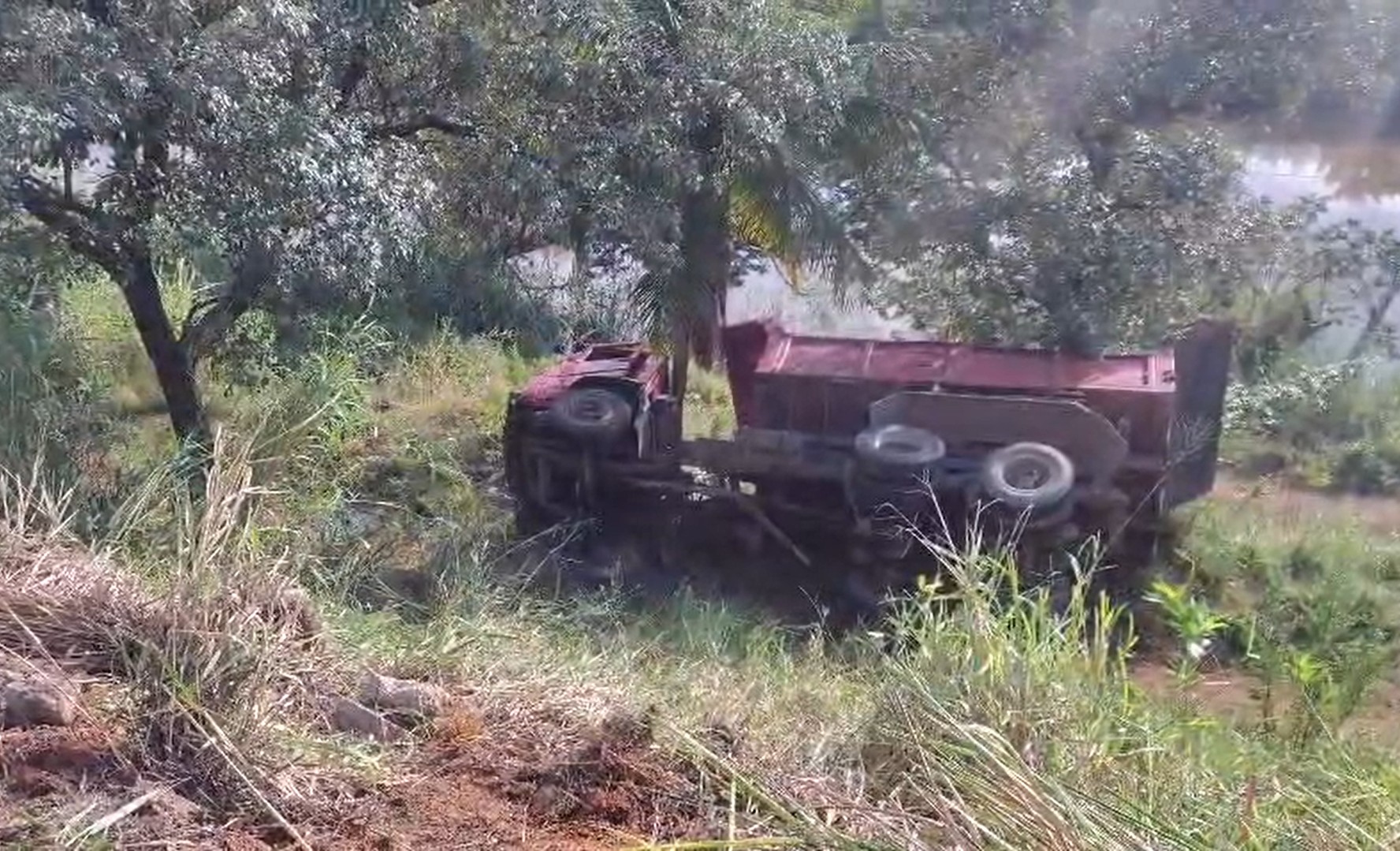 Caminhão sai da pista e cai em ribanceira na RJ-220, em Natividade