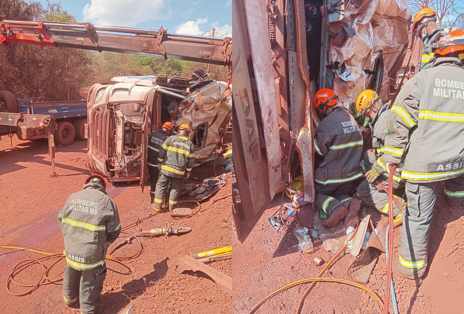 Carreta tomba em Corumbá e motorista morre preso às ferragens
