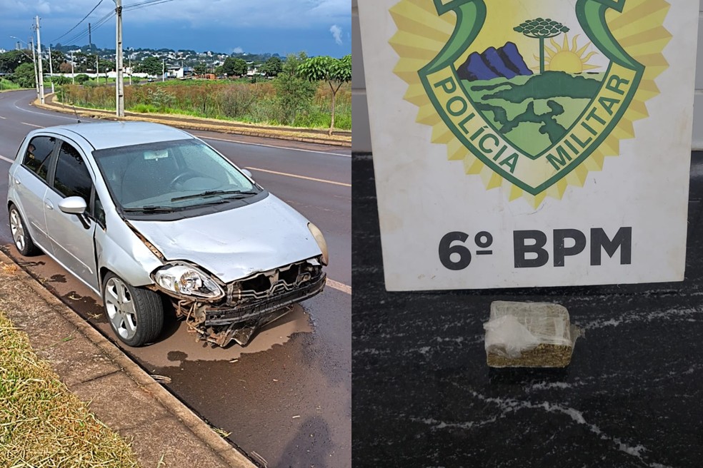 Carro do suspeito de bater em moto. Ao lado, droga apreendida pela PM. — Foto: PMPR